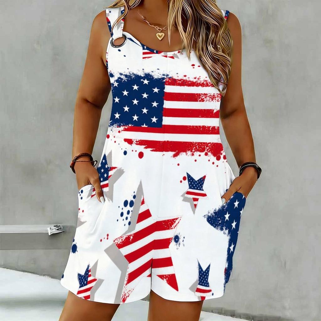 Women Plus Size Sleeveless Scoop Neck Ring Strap Floral Star Printed Loose Romper With Pockets