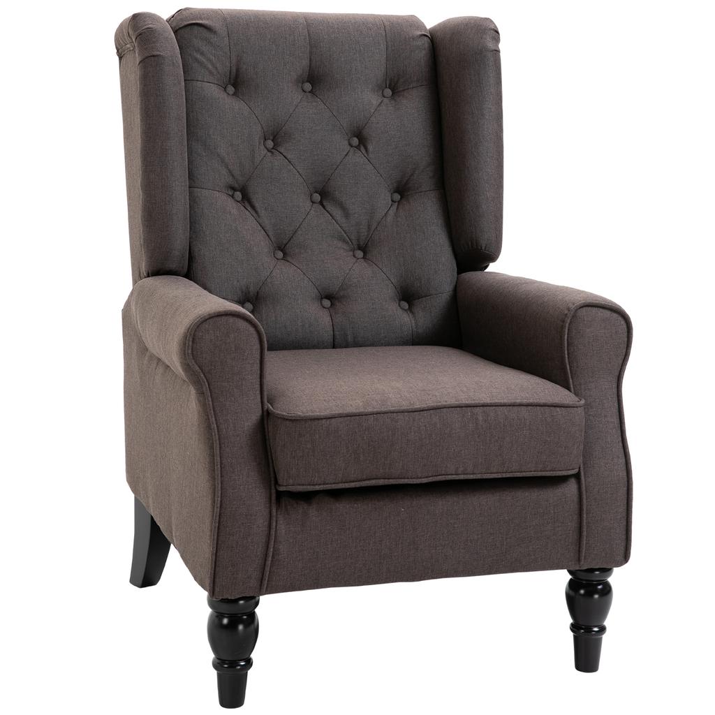 Poltrona Wing Chair con Braccioli, Sedia da Salotto con Cuscino, Trapuntatura, Poltrona con Schienale Alto e Gambe in Legno, Poltrona Reclinabile per Soggiorno, Camera da Letto
