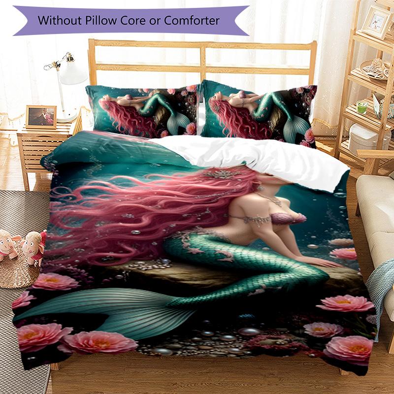 Mermaid 3pcs Bedding Set Duvet Cover Closure Includes 1 Duvet Cover & 2 Pillowcases for All Seasons Bedroom Home Dorm Decor