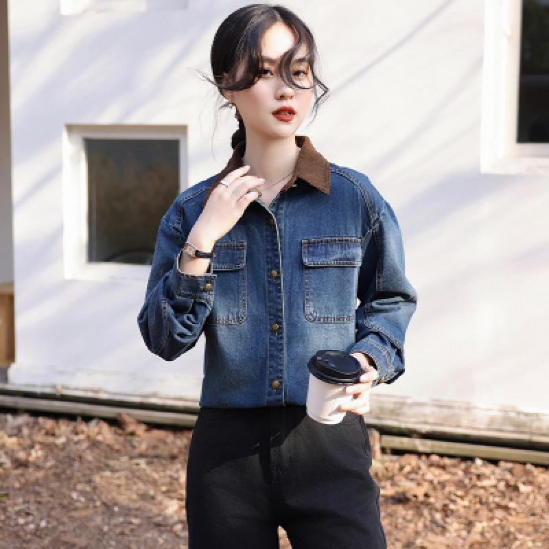 

Женская джинсовая куртка-рубашка с лацканами контрастного цвета, новая весенне-осенняя, с темпераментом, повседневная, универсальная, кардиган-топ 2XL