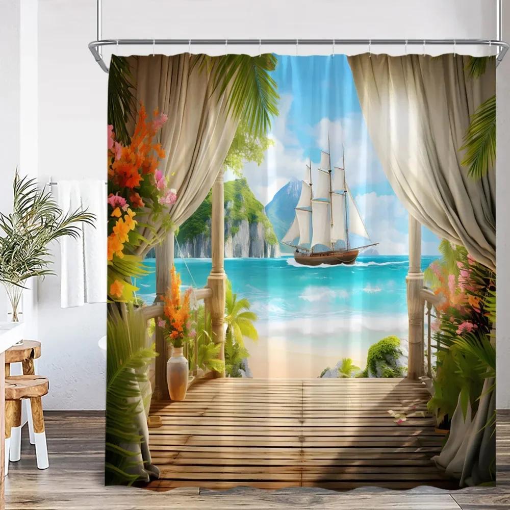Moderní Krása Plážová Krajina Sprchový Závěs Letní Dovolená Plážová Krajina Plachtění Koupelnová Dekorace Sprchový Závěs