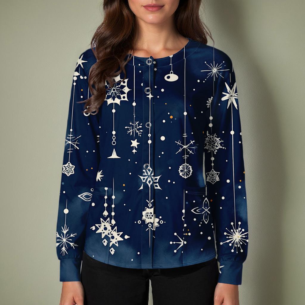 Women's Casual Long-sleeved Single-breasted Christmas Printed Protective Clothing Cardigan Top