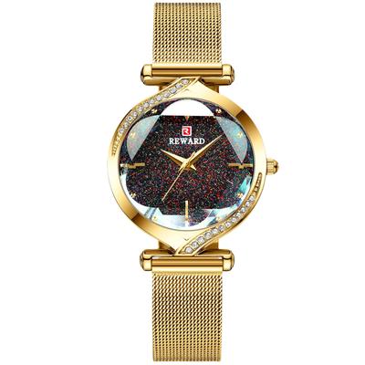 RORIOS Damenuhr aus 3D-Blumennetz für den Weg zur Arbeit oder zur Schule, grün, wasserdicht, Japan, Glitzer, Zifferblatt, Diamant, Band, lässig, Quarz, Uhr