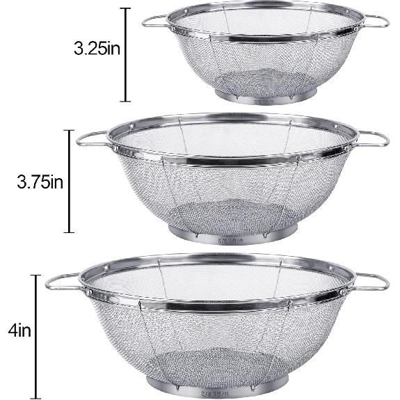 3 Pack 18/8 Stainless Steel Colander Sieves(5-Quart, 4-Quart and 3-Quart), Mesh Strainer Net Baskets with Handles & Resting Base for Strain, Drain,