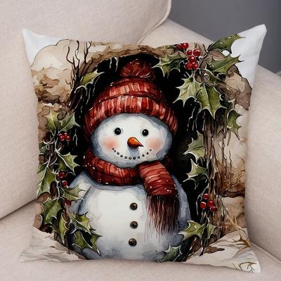 Merry Christmas Cushion Cover Double Print Decor Cute Cartoon Snowman Pillow Case Plush Santa Claus Pillowcase for Sofa Home Car,(1)