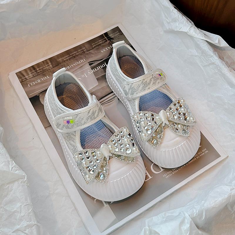 

Girls hollowed-out fabric shoes2026Spring and summer rhinestone pearl bow cute single shoes for children, college style casual shoes 26Inner Length16.3cm бежевый