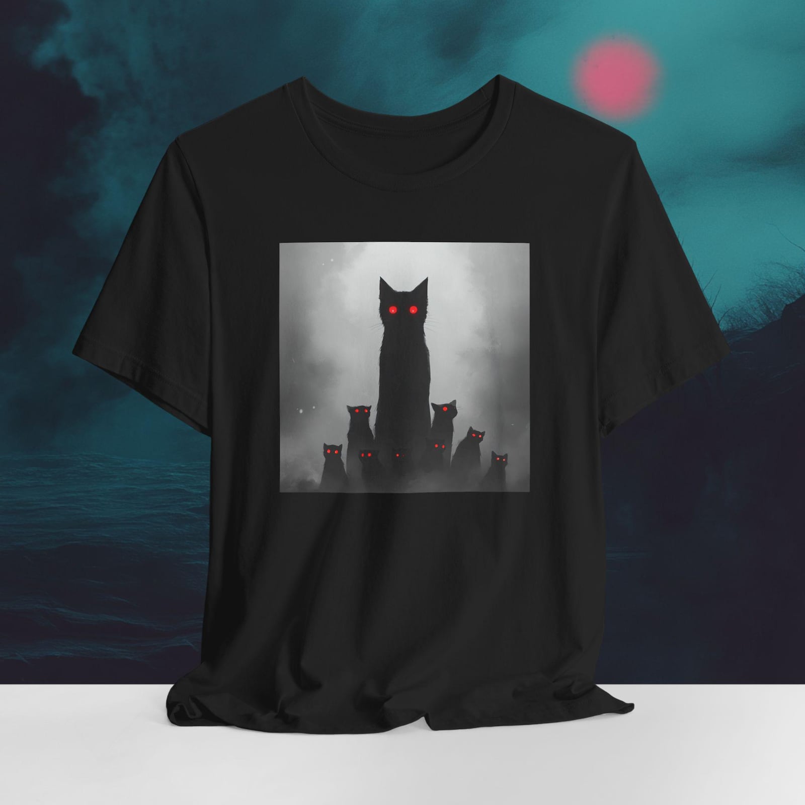 Surreal Shadow Eyes Gothic Cat T-Shirt Creepy Cat Cult Graphic Tee Dark Aesthe XL
