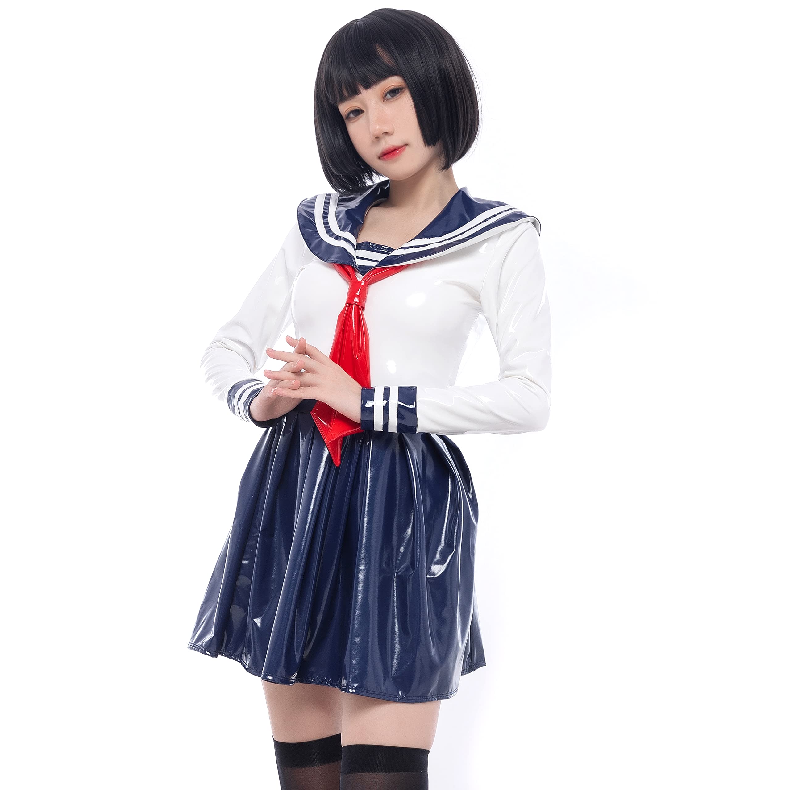 

School Long Sailor Two Navy PU Laser [LOST-G] Униформа, Женская униформа, Рукав, Униформа, Косплей, Женская униформа, JK, Милый, Костюм, Белые, Воротник,