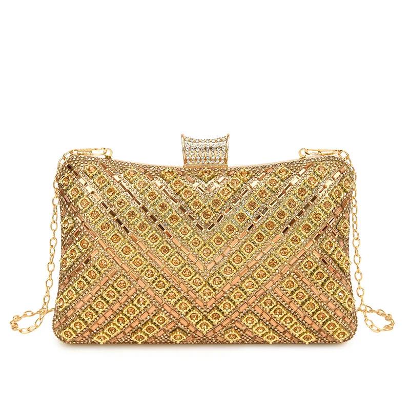 Vintage Style Beading Women Evening Bags Rhinestones Golden Metal Chain Shoulder Clutch Bag Shoulder Chain Lady Luxury Glitter H