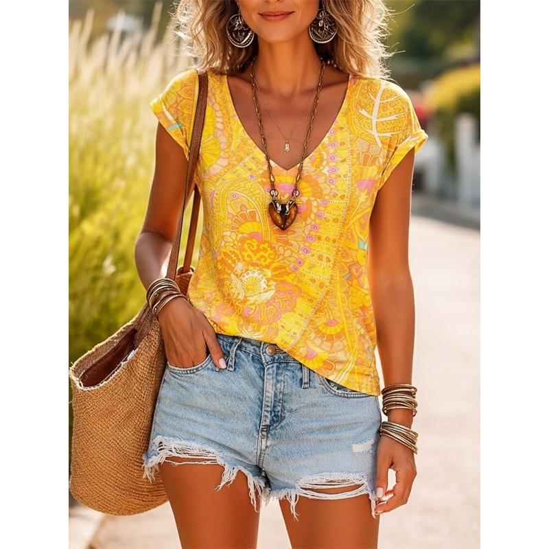 Women s V Neck Short Sleeve T Shirt with Floral & Graffiti Graphic, Bohemia Casual Regular Tops for Daily Wear in Spring Summer S