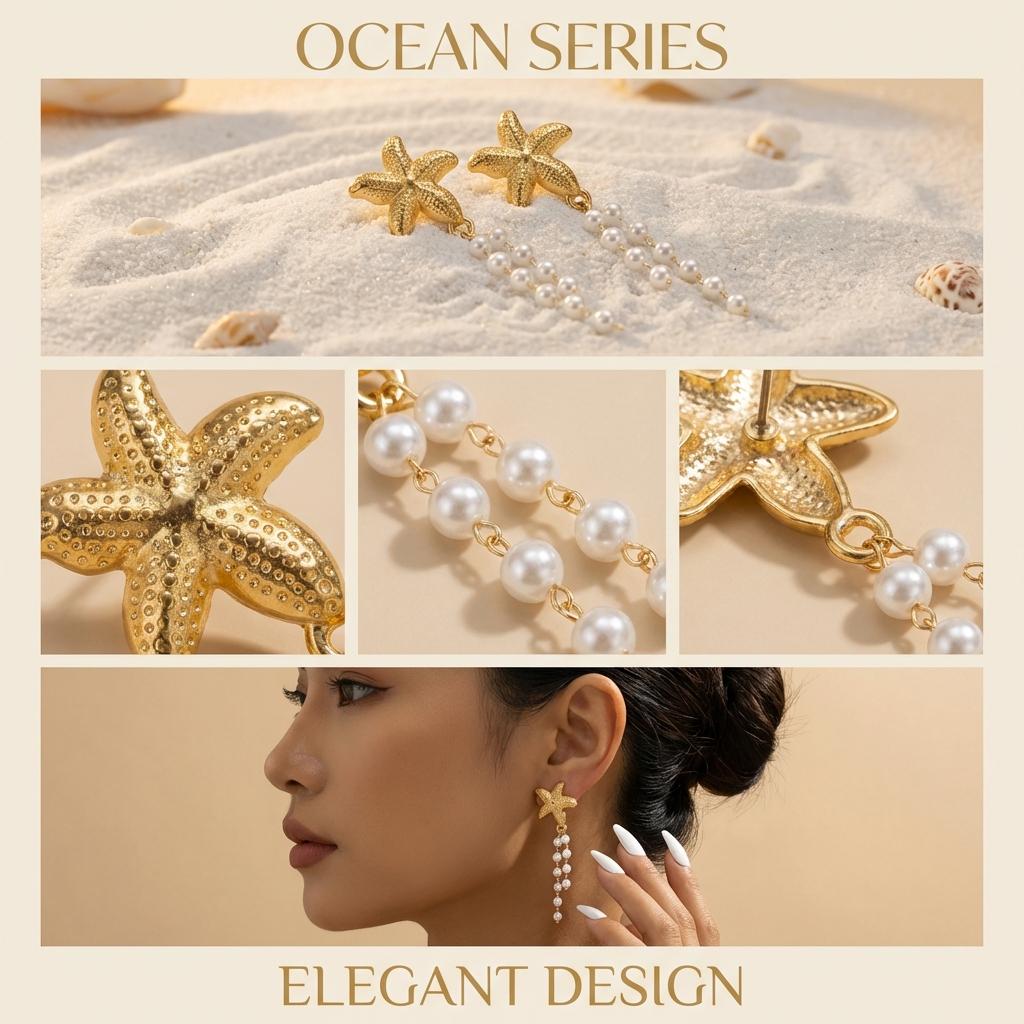 Ocean Style Metal Starfish Shell Pearl Dangle Earrings For Women Gold Color Imitation Pearl Tassel Long Earring Beach Jewelry