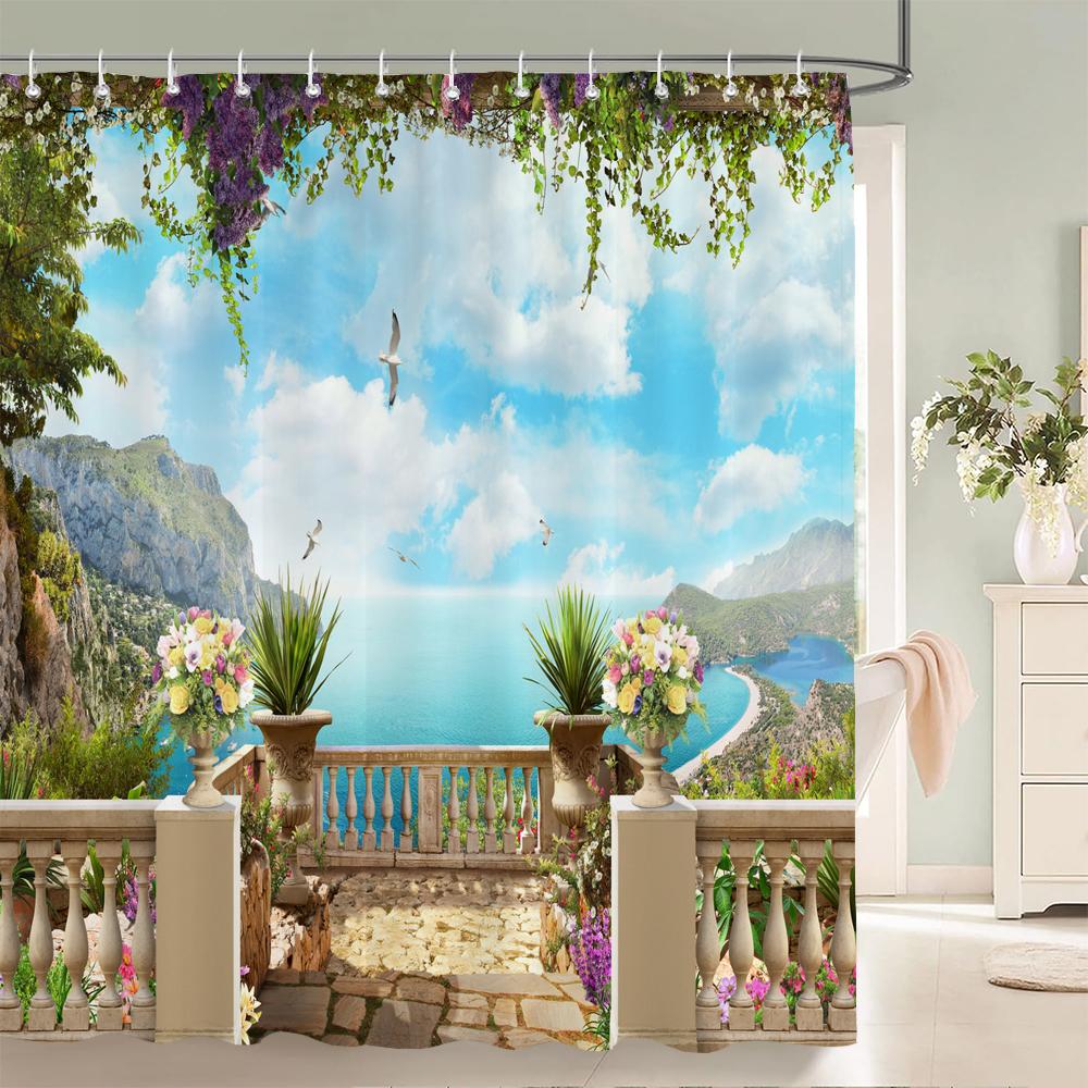 European Garden Patio Landscape Shower Curtains Beach Flowers Bathroom Curtain for Bathroom Polyester Waterproof Shower Curtain