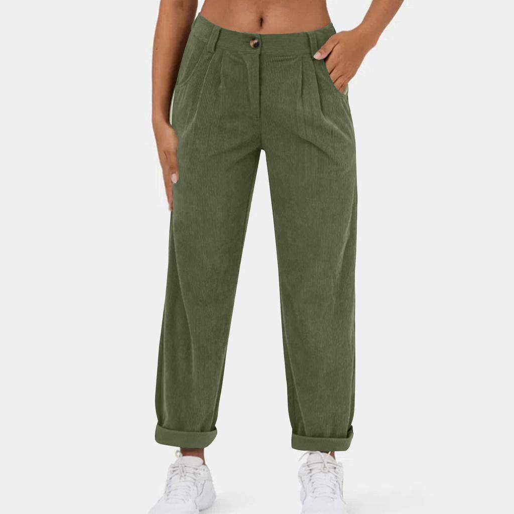 Pantaloni dritti in velluto a coste da donna, casual, con tasca a bottone