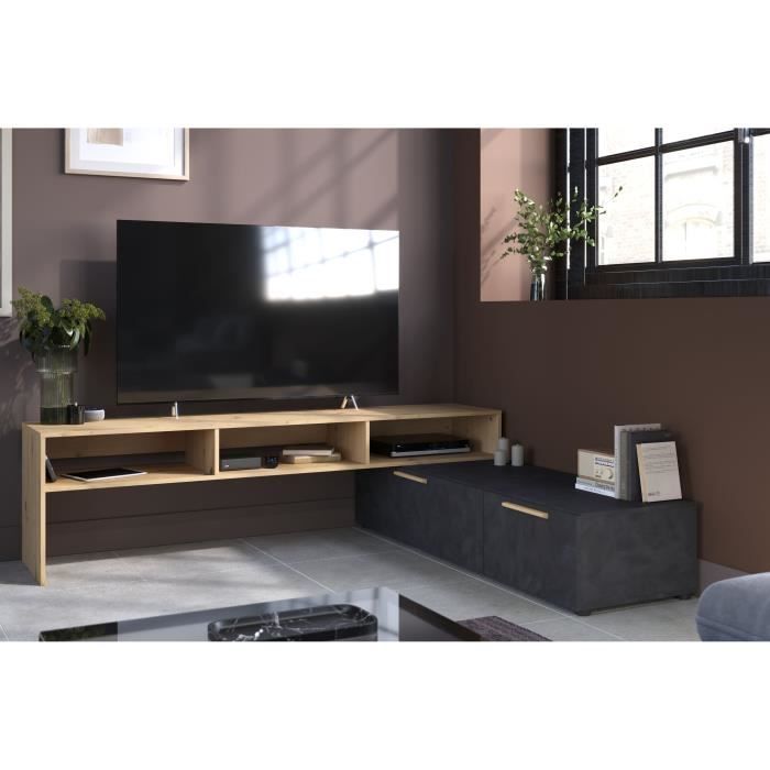 RAW TV Cabinet - Oak and Steam Black Decor - 1 Flap + 1 Drawer - 4 Modulations To Choose from - L250 X H 50 X D 46.6 Cm