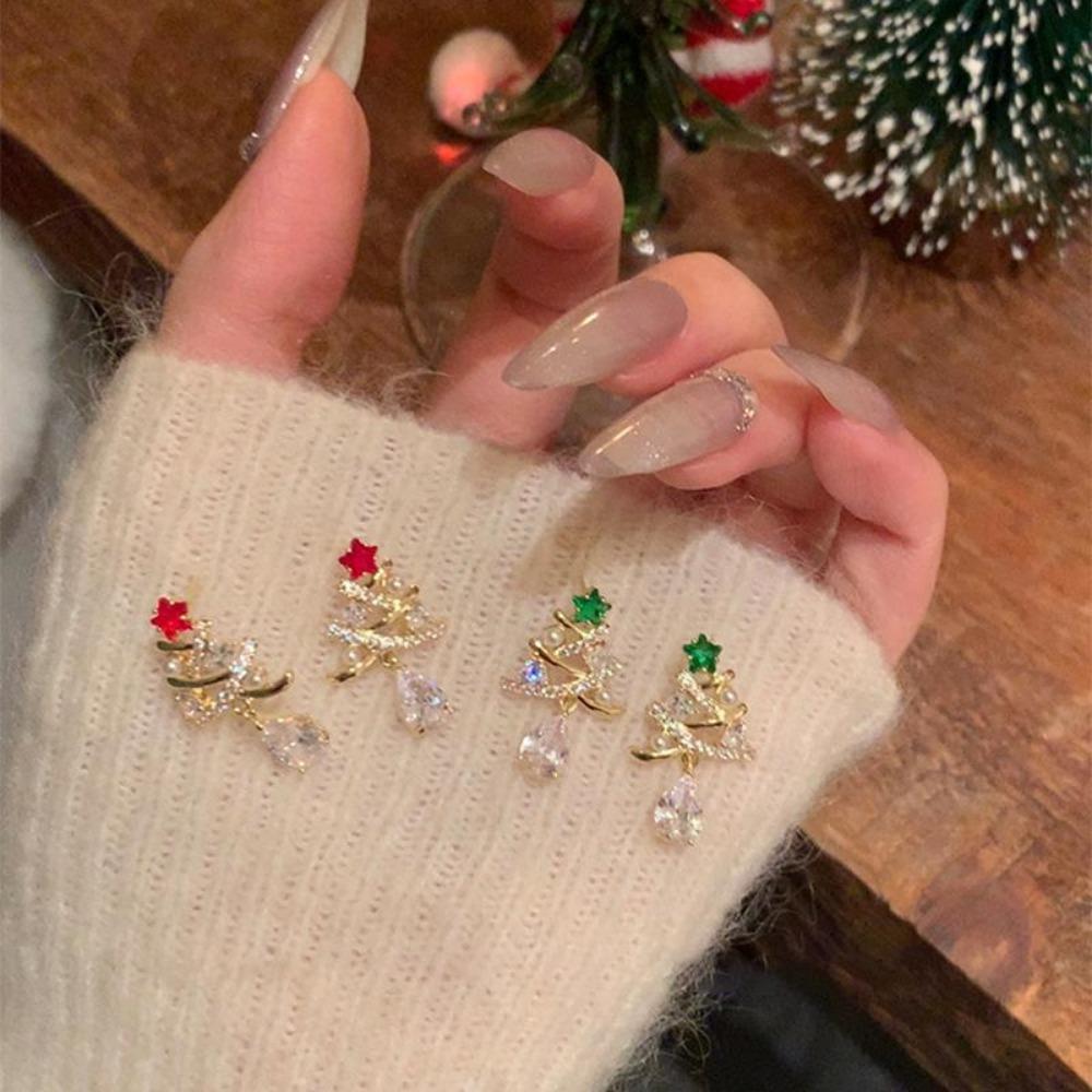 Zircon Christmas Tree Pearl Earrings for Women Light Luxury Drop Earrings Fashion Charm Zircon Christmas Gifts 2025 New In
