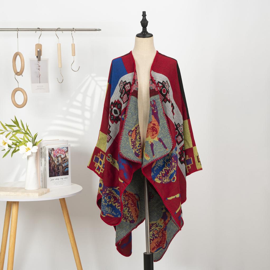 Ethnic Style Printed Shawl Imitation Cashmere Split Cape Warm Scarf Jacket Retro Literary Big Shawl Women