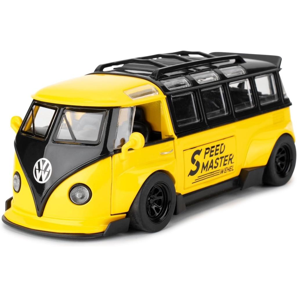 1/32 Scale Bus Transporter Model Car with Surfboards Convertible Camping Van, Zinc Alloy Pull Back Toy Car with Sound and Light for Kids Gift