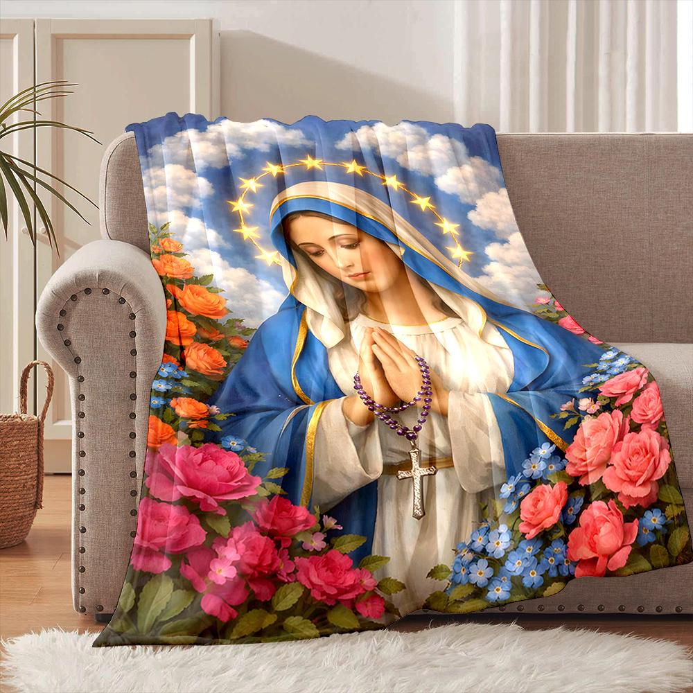Virgin Mary praying floral arrangement Faith-printed Flannel Blanket Soft Warm Suitable for Home Travel Picnics Camping RV Use 75X95CM