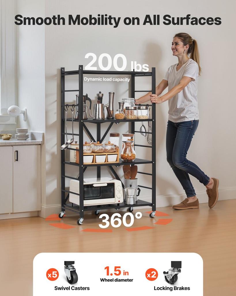 4-Tier Foldable Storage Shelf with Wheels 26 X 13 X 46-inch Metal Shelving