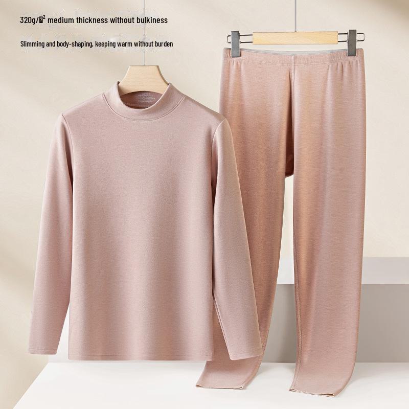 Women's Silk Wool Velvet Thermal Underwear Set - Half High Collar Top & Pants