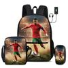 Ronaldo 3 Pcs Set School Bags Backpack with USB Interface CR Football Star Shoulder Bag Football Sports Pencil Bag Kids Rucksack