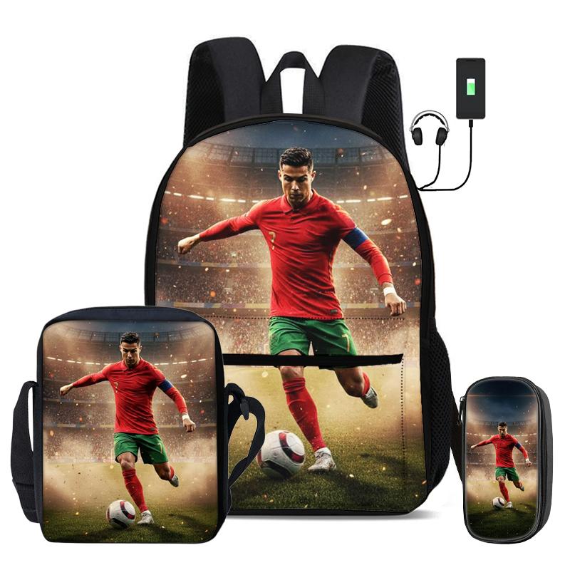 Ronaldo 3 Pcs Set School Bags Backpack with USB Interface CR Football Star Shoulder Bag Football Sports Pencil Bag Kids Rucksack