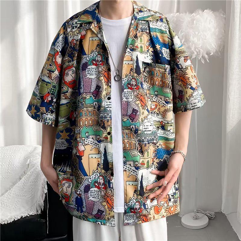 Men's Hip Hop Retro Cat Print Short Sleeve Shirt