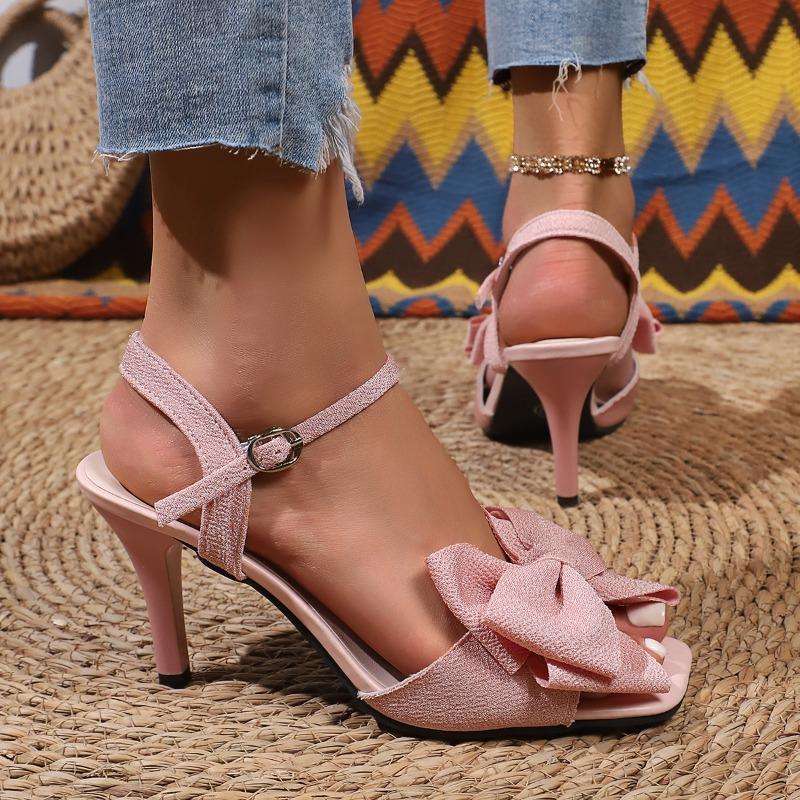 Fashion Square Toe Summer Bow Stiletto Sandals Summer New Cloth Western Style Lightweight Super Soft Strap Non-Slip High Heels