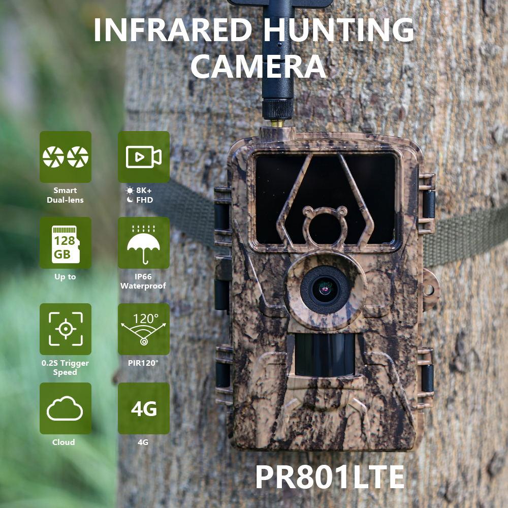 PR801LTE 4G Wildkamera 60MP 8K 0.2S Auslösezeit Jagdkamera mit IP66 Wasserdicht für Wildtierüberwachung