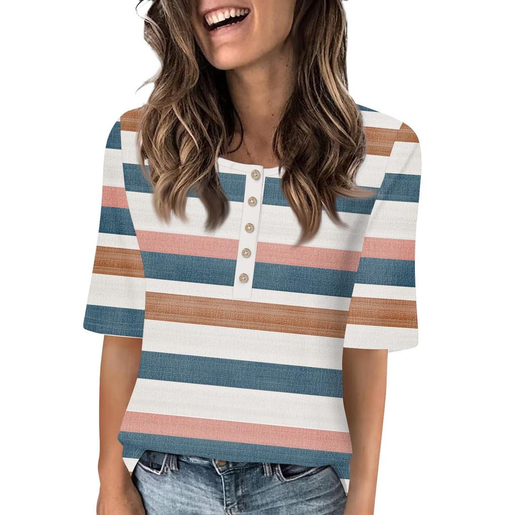 Shirts For Women Trendy Round Neck Button T Shirts Printed  Blouse Half Sleeve Tops For Women