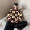 Unisex Japanese Checkered Knitted Sweater - High-End Autumn/Winter Style, Round Neck, Long Sleeves, Warm and Cozy.