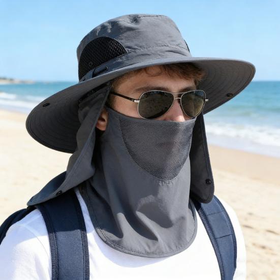 Men Fisherman Hat Wide Brim Breathable Mesh Design Quick-Drying Bucket Hat with Neck Shawl Face Guard Outdoor Fishing Hat