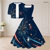Women Plus Size Two Piece Set Navy Blue Firework Printed Square Neck Sleeveless Tie Waist Flared Dress And Short Sleeve Cropped Shrug