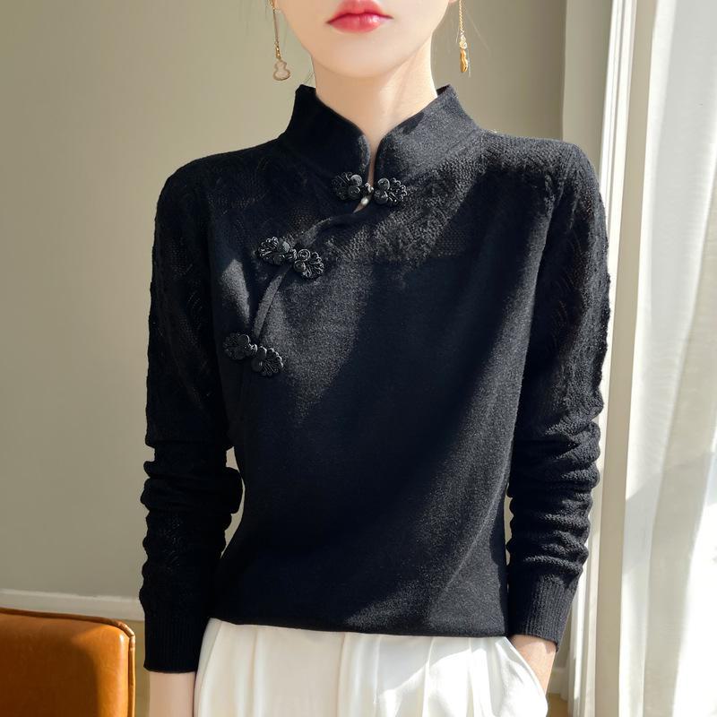 

Весна Осень Ретро Китайский Шерсть Стоячий Воротник Пуговиц Трикотажный Свитер Полый Свободный Длинный Рукав Женский Топ M