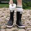 Comemore Outdoor Women's Rain Shoes Mid-calf Fishing Non-slip Waterproof Shoe Couple Work rainboots Rubber Warm Boots 44