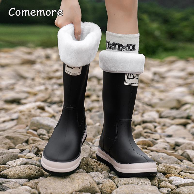 Comemore Outdoor Women's Rain Shoes Mid-calf Fishing Non-slip Waterproof Shoe Couple Work rainboots Rubber Warm Boots 44