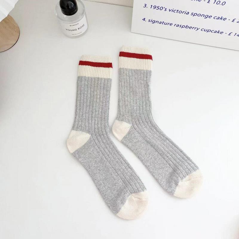 Socks Girls Retro Parallel Lines Contrasting Stripes Thick Needle Socks Lazy Wind Wool Knitting Piles Of Socks Tide one size
