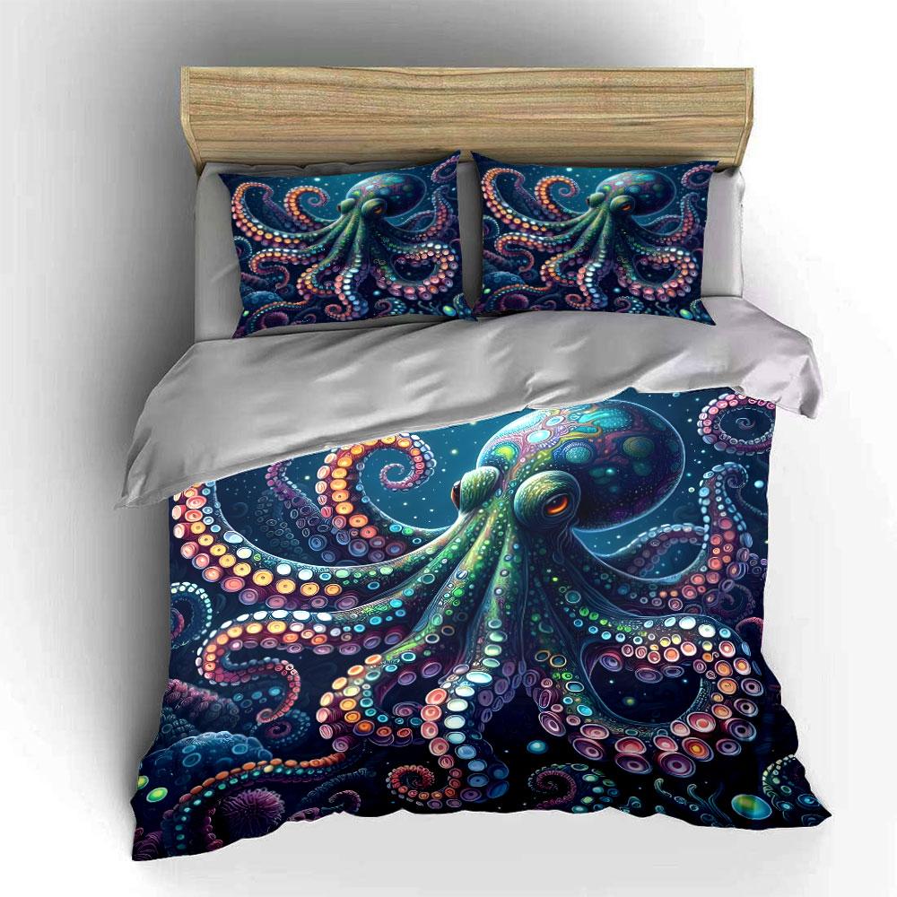 Kleurrijke Octopus Onderwater Scène. Beddengoed Set 1 Dekbedovertrek 2 Kussenslopen Voor Volwassenen En Kinderen Luxe Cadeau Volledige Maat