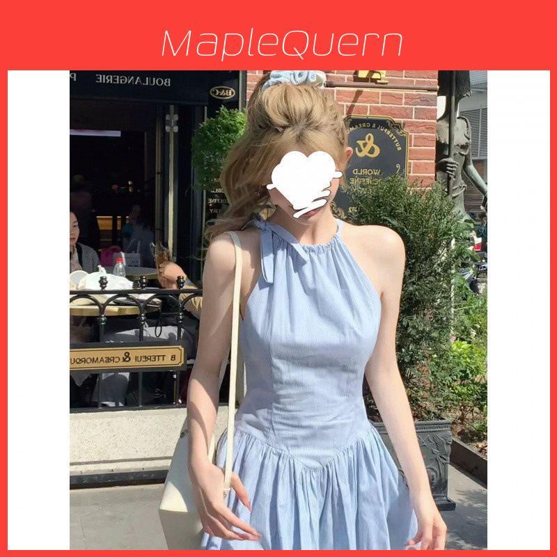 Summer Blue Stripe Knit Dress With Spliced Design For Streetwear Enthusiasts