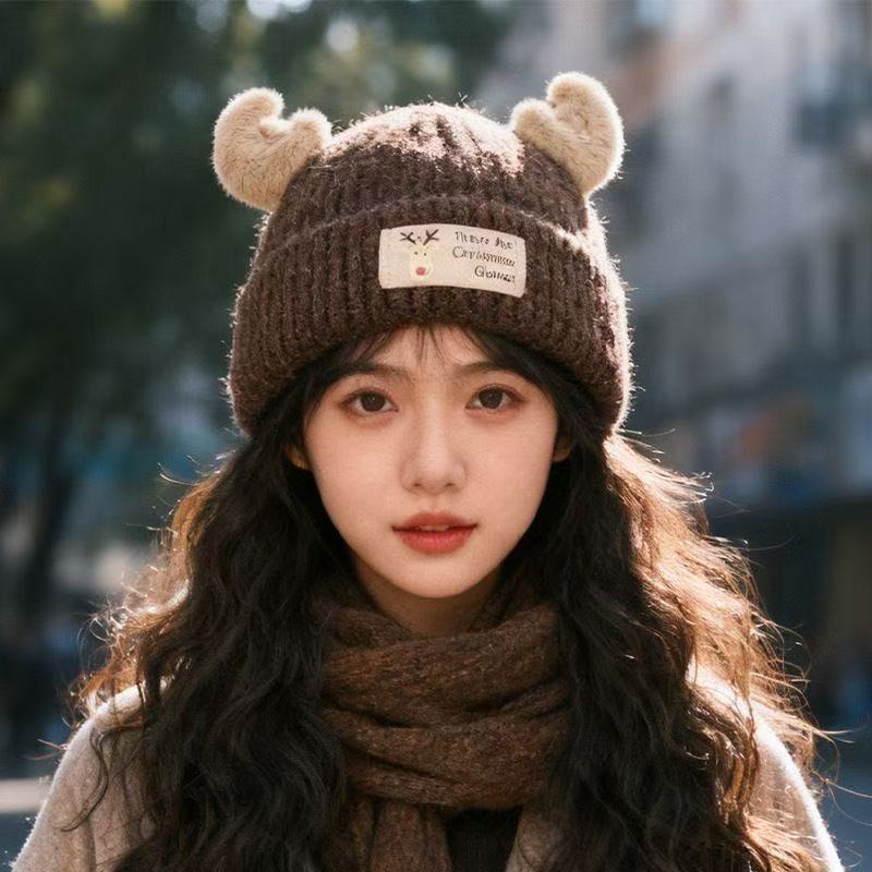 Cute Christmas Antlers Knitted Autumn Winter Warm Beanie Ear Protection Cold-proof Common Unisex Face-revealing Hat