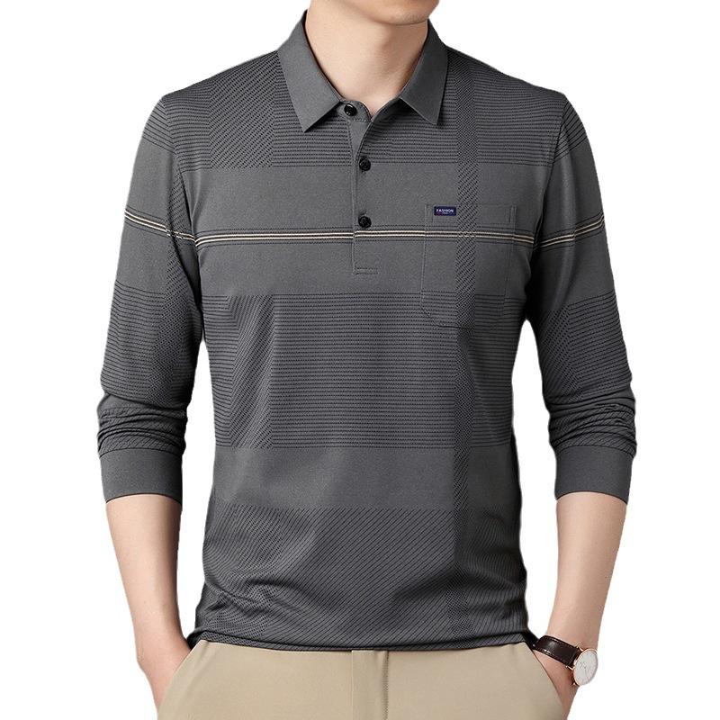 New Dad Wear Men's Lead Long-Sleeved T-shirt Men's Real Pocket Top Striped Men's Polo Shirt with Pockets