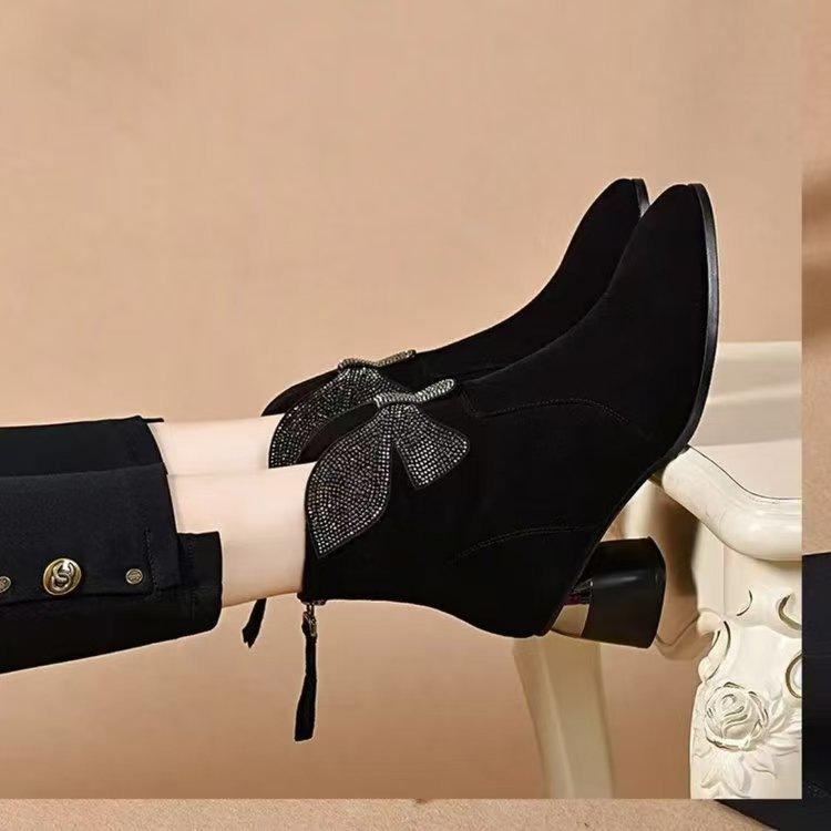 

Suede pointed thick heel short boots women s autumn and winter fashion velvet low heel frosted leather rhinestone bow versatile boots 40