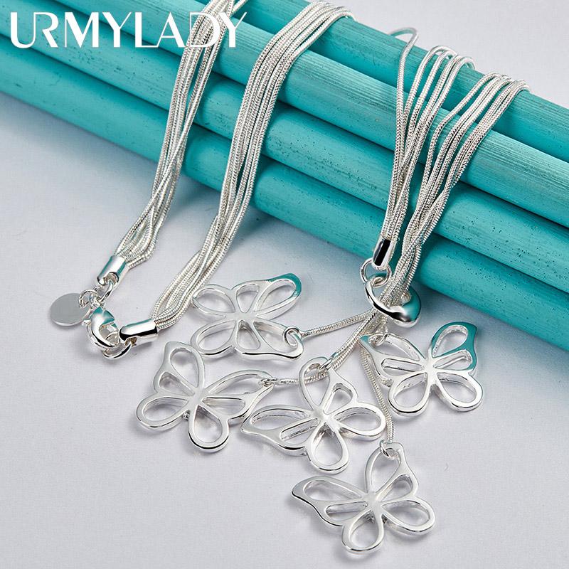 URMYLADY 925 Sterling Silver Five Butterfly Pendant Snake Chain Necklace For Women Fashion Jewelry