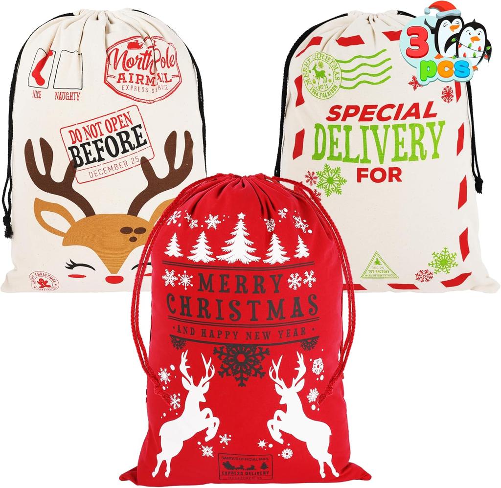 Packs Santa Sack Large Christmas Canvas Gift Bag Drawstring Reusable Personalized Xmas Package JOYIN 3 with 26 x 19 for Entertaining Play Safe