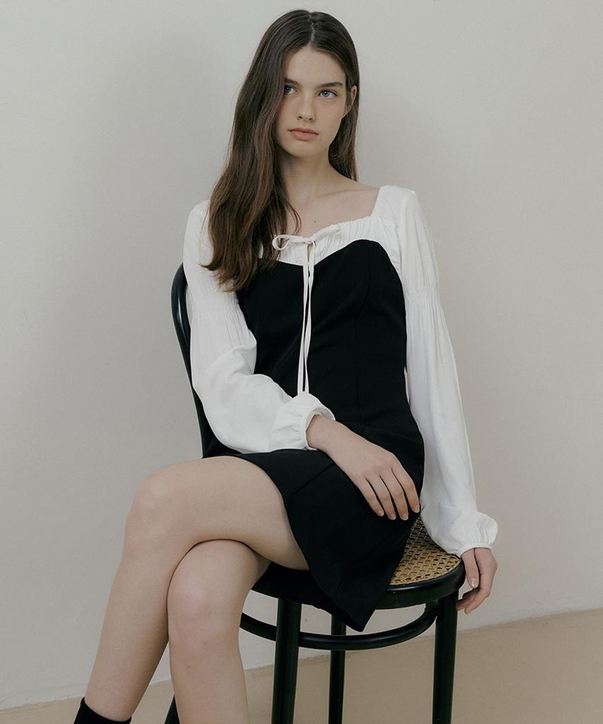 Riorg Rie Ribbon Square Neck Puff Long Sleeve Mini Ops Black