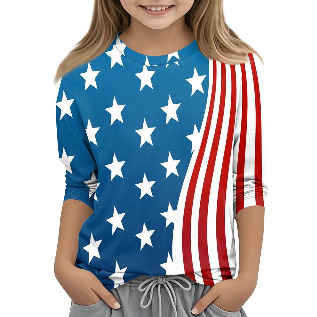 Children's Independence Day Printed Round Neck Seven Quarter Sleeve Casual T-shirt