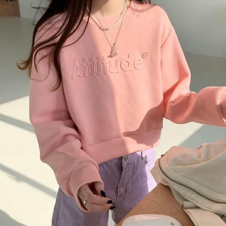 High Waist Women Sweatshirt Short Long Sleeve Solid Color Top