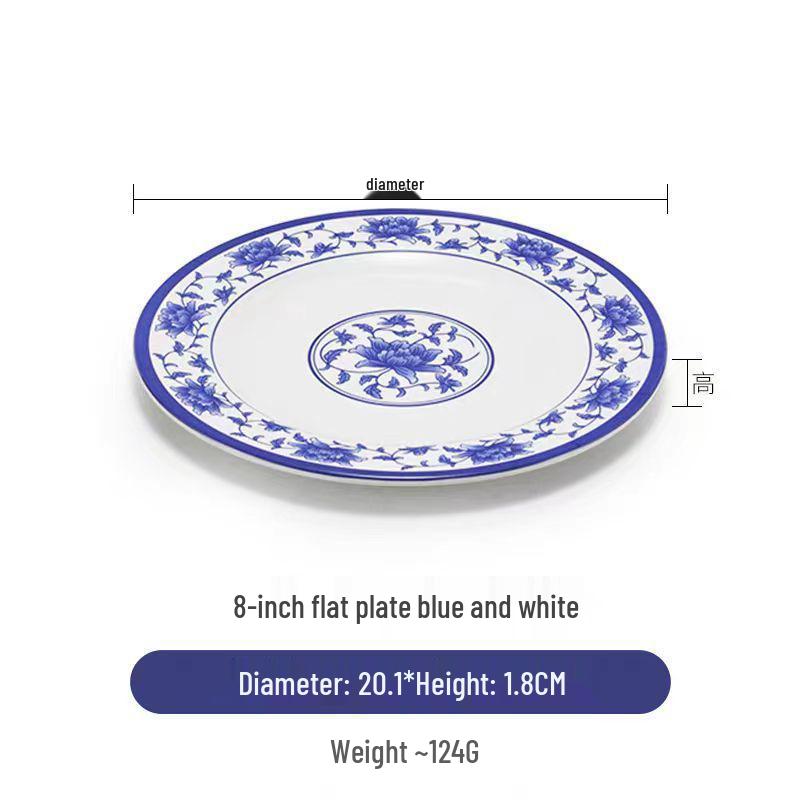 Plato redondo de melamina azul y blanca - Imitación de porcelana gruesa, ideal para salteados, arroz y uso en restaurantes.