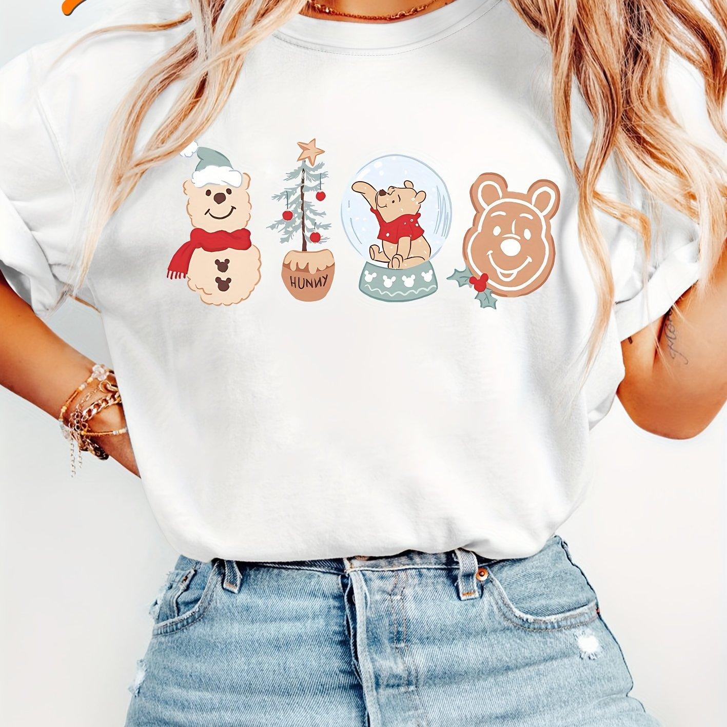 Christmas Tshirt with Winnie The Pooh Gingerbread Unisex SnowUnisex and Christmas Tree Designs Round Neck Casual S