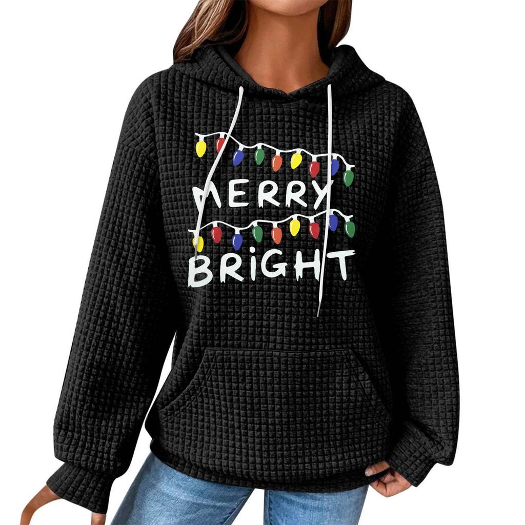 Women's Fashion Loose Hooded Pullover Long Sleeve Plaid Sweatshirt With Drawstring, Drop Shoulder, Pocket, Christmas Print Top